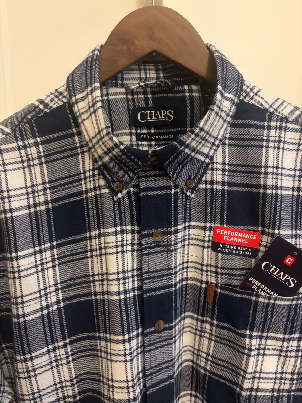 Chaps Navy and White Plaid Button-Down Performance Flannel Shirt